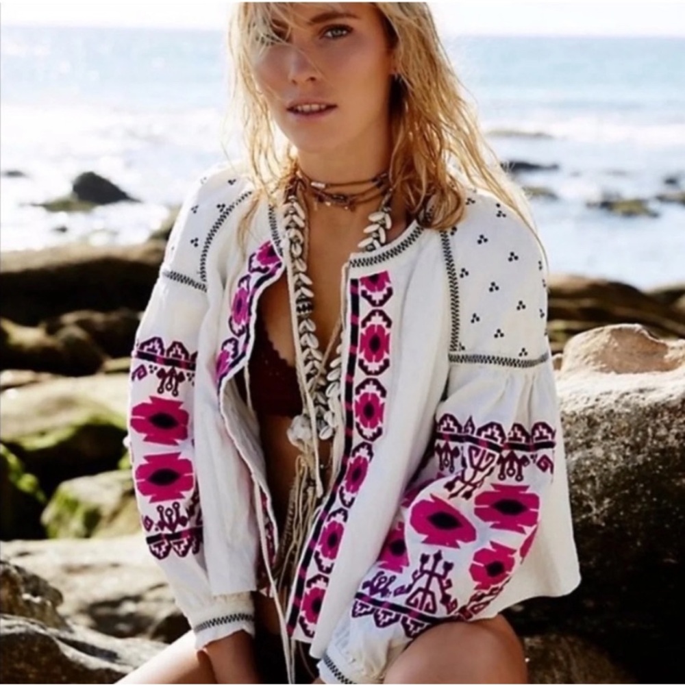 Free People Embroidered Swingy Jacket Ivory Pink Sz M‎ Boho Cottagecore Festival
